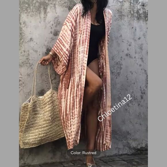 NEW Rusted Red Open Front Long Kimono Duster Loose Swimsuit Beach Cover up - Picture 1 of 8